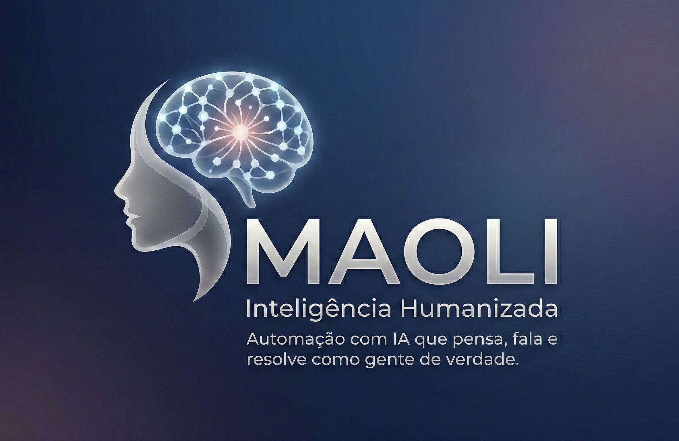 MAOLI — Inteligência Humanizada. Perfil feminino com cérebro neural iluminado simbolizando IA humanizada.
